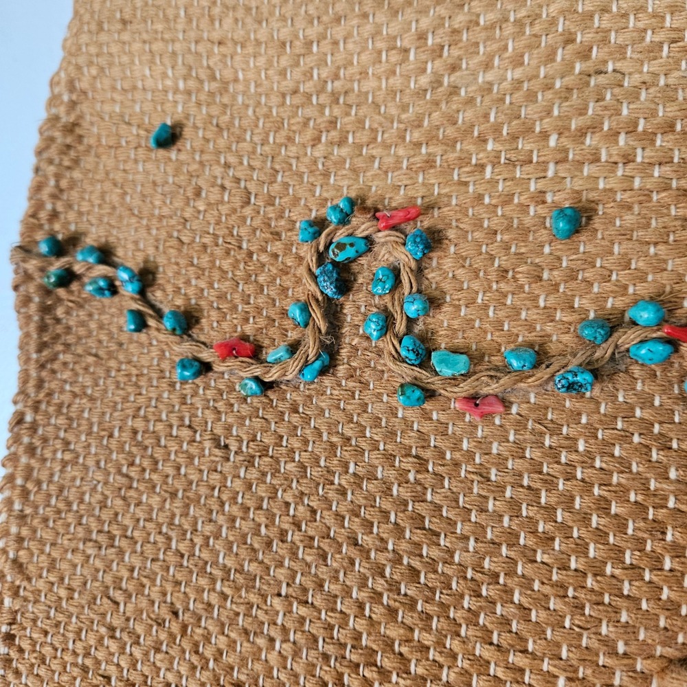 Vintage 1986 ICA Woven Jute Wall Hanging Saguaro Cactus Turquoise Beads Art 80s - Picture 4 of 7